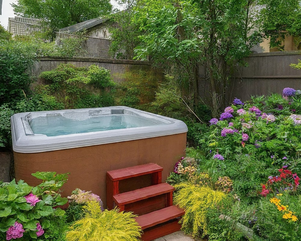 installed hot tub with steps surrounded with greenery